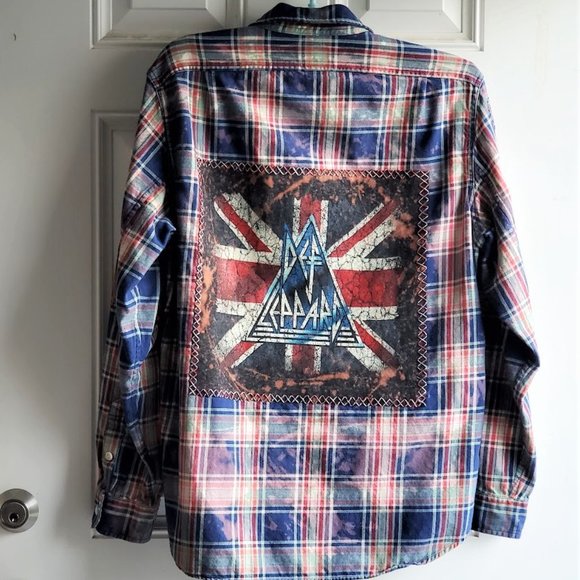 Upcycled Distressed Flannel Shirt With DEF LEPPARD Band Handcrafted Tee On Back